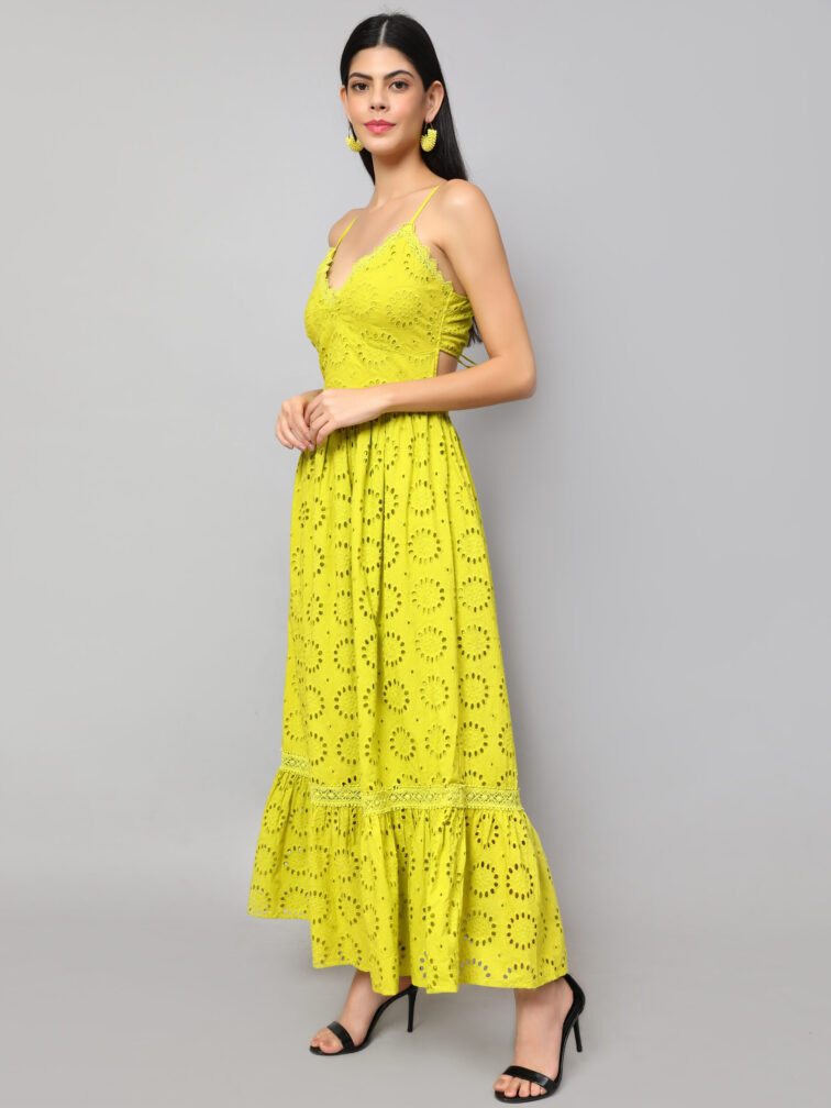Mustard Cotton Schiffli Maxi Dress