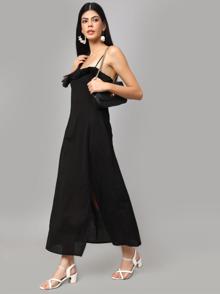 Shoulder Straps Ruffled Pure Cotton Maxi Dress