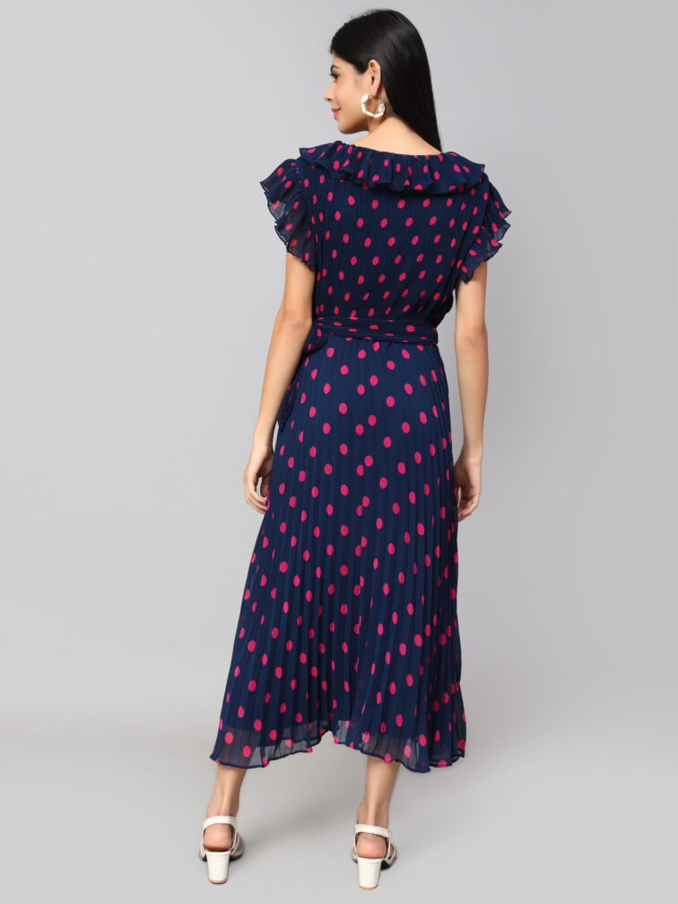 POLKA DOT PRINTED V-NECK FLUTTER SLEEVES A-LINE DRESS