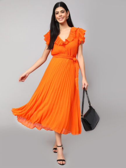 RUFFLED DETAILED V-NECK FLUTTER SLEEVES A-LINE DRESS