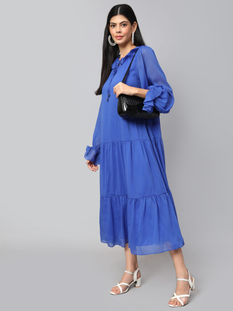 TIERED DETAILED TIE-UP NECK PUFF SLEEVE A-LINE DRESS