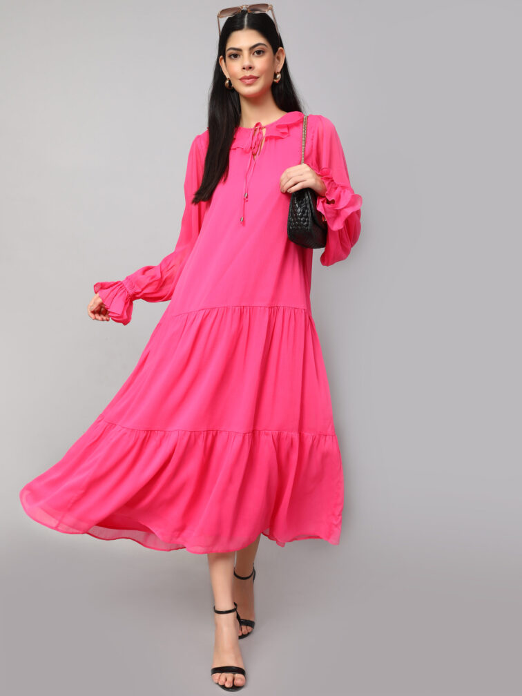 TIERED DETAILED TIE-UP NECK PUFF SLEEVE A-LINE DRESS