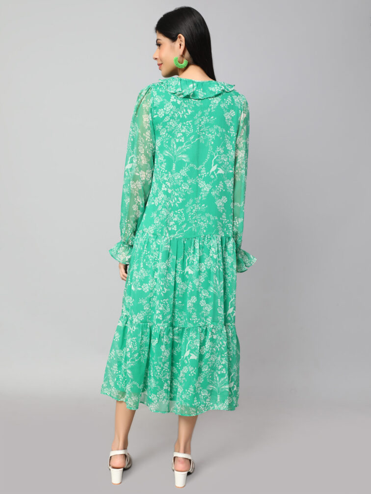 FLORAL PRINTED TIERED DETAILED TIE-UP NECK PUFF SLEEVE A-LINE DRESS