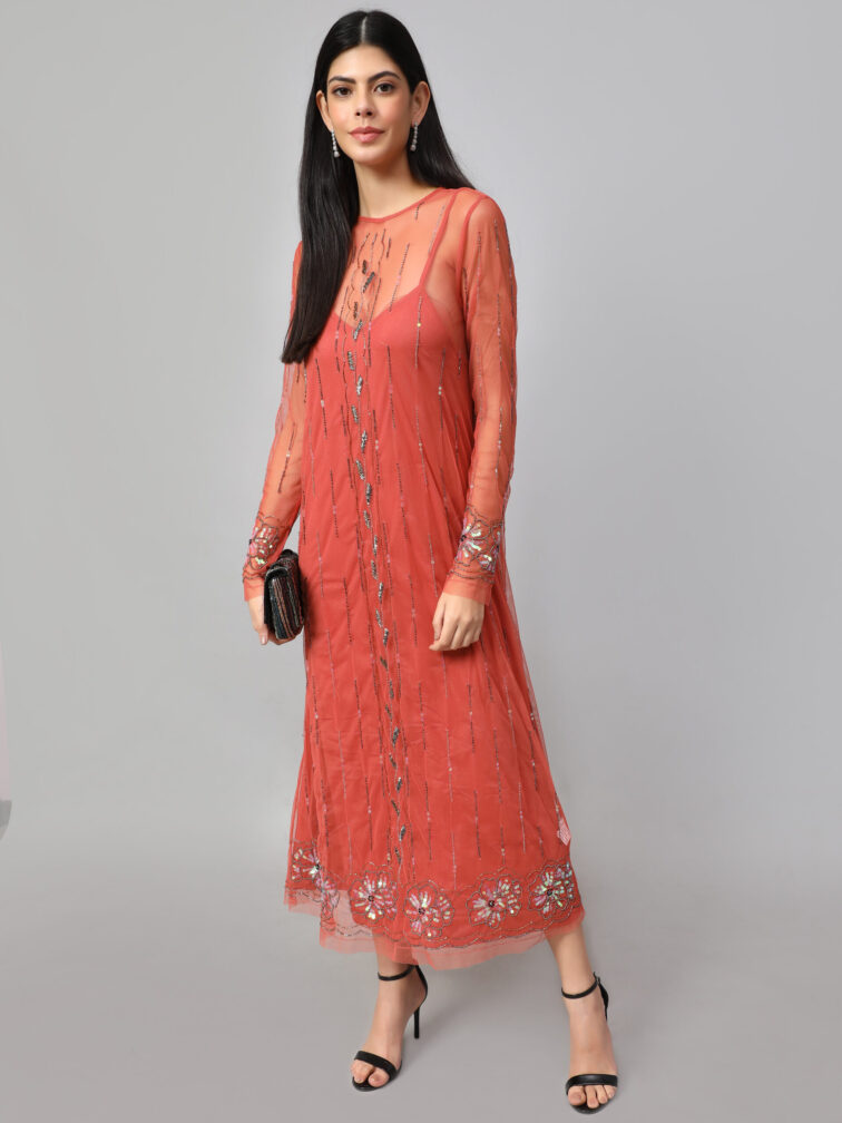 Solid Salmon Pink Color A Line Midi Dress