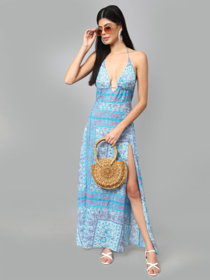 Floral Printed Halter Neck Tie-Ups Maxi Dress