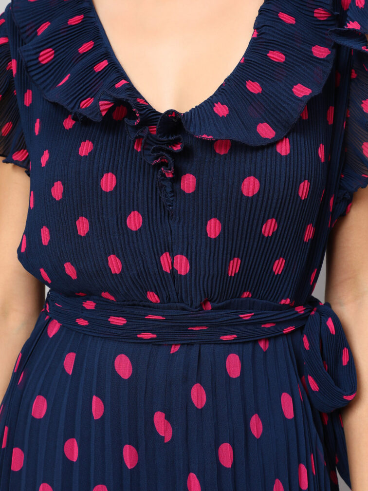 POLKA DOT PRINTED V-NECK FLUTTER SLEEVES A-LINE DRESS