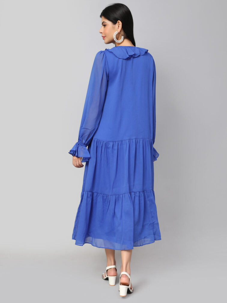 TIERED DETAILED TIE-UP NECK PUFF SLEEVE A-LINE DRESS