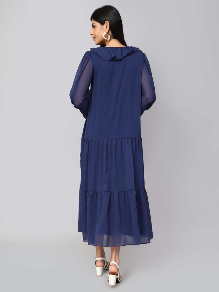 TIERED DETAILED TIE-UP NECK PUFF SLEEVE A-LINE DRESS