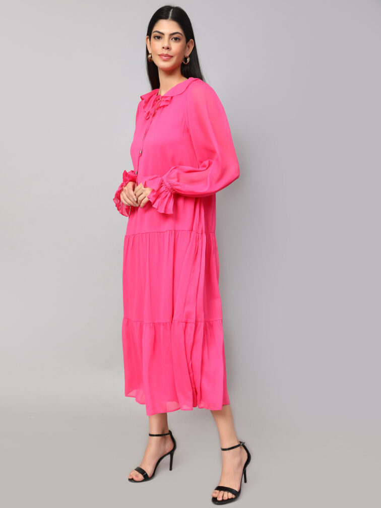 TIERED DETAILED TIE-UP NECK PUFF SLEEVE A-LINE DRESS