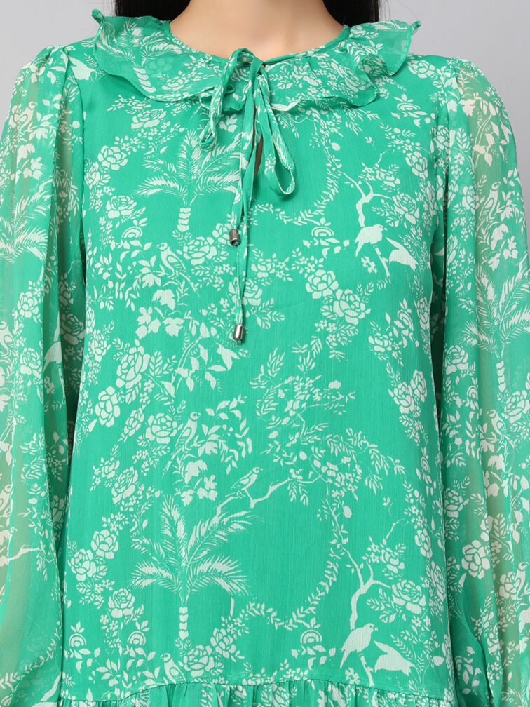 FLORAL PRINTED TIERED DETAILED TIE-UP NECK PUFF SLEEVE A-LINE DRESS