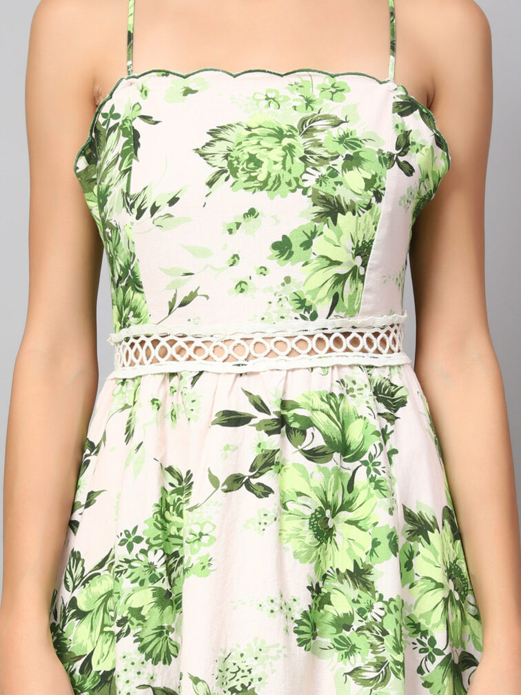 FLORAL GREEN COLOR A LINE DRESS