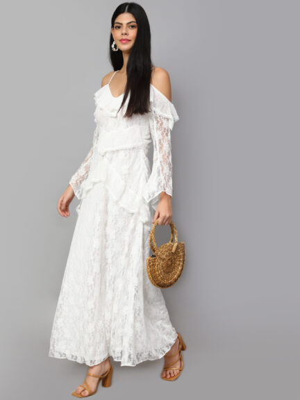 Self Designed V-Neck Cold-Shoulder Maxi Dress