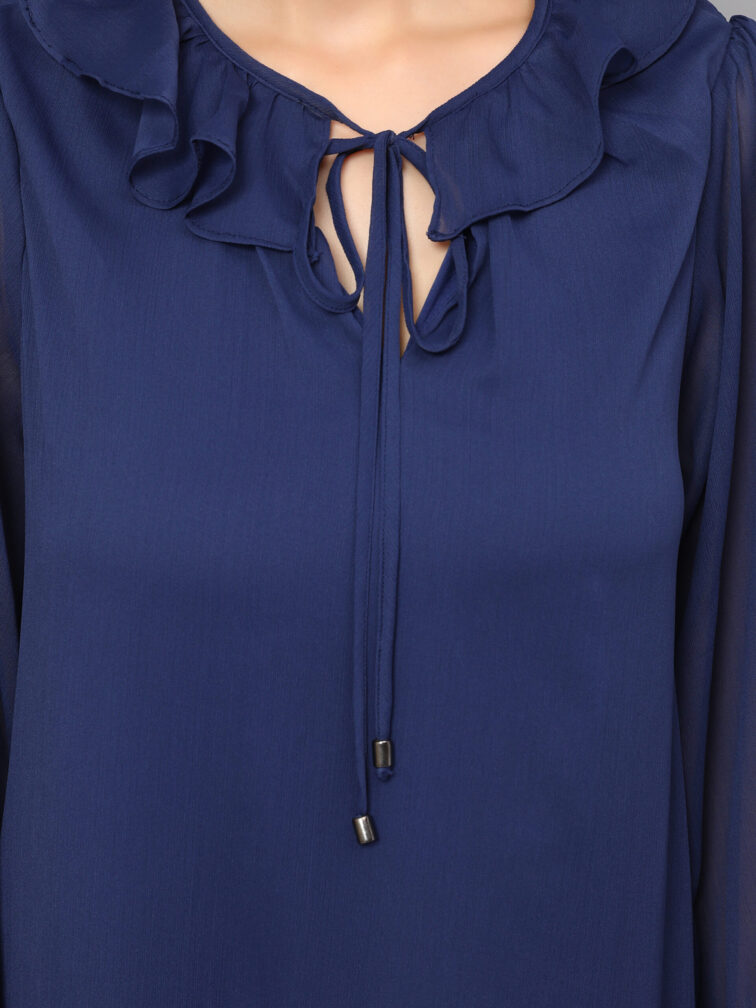 TIERED DETAILED TIE-UP NECK PUFF SLEEVE A-LINE DRESS