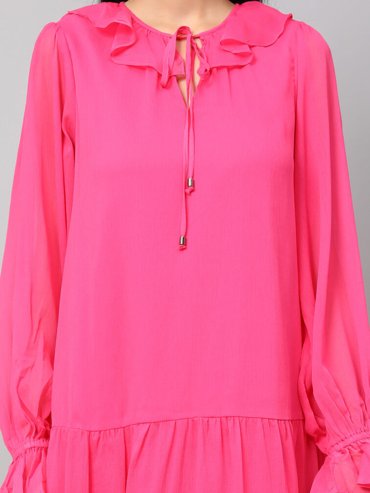 TIERED DETAILED TIE-UP NECK PUFF SLEEVE A-LINE DRESS