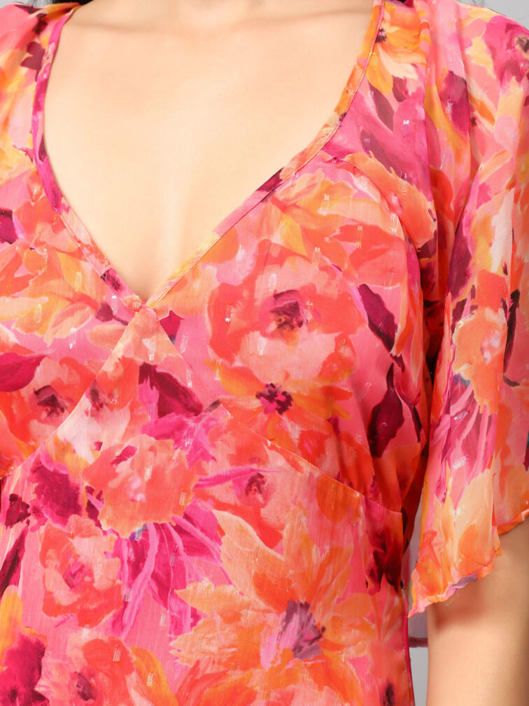 Floral Printed V-Neck Cape Sleeves A-Line Dress