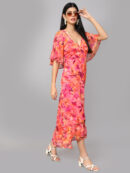 Floral Printed V-Neck Cape Sleeves A-Line Dress