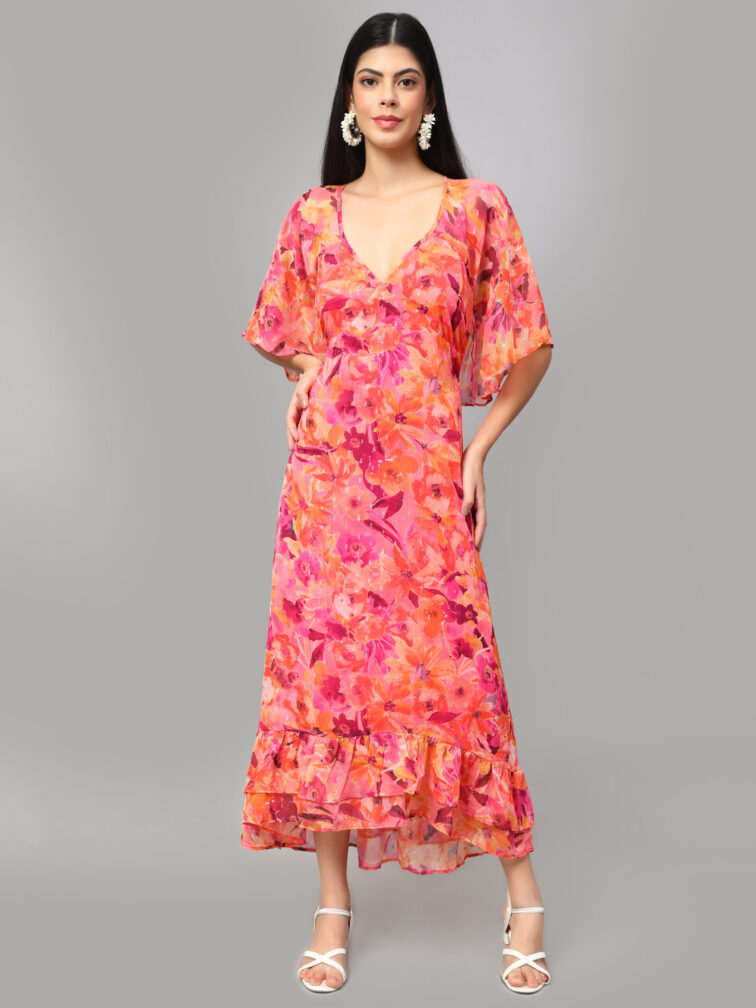 Floral Printed V-Neck Cape Sleeves A-Line Dress