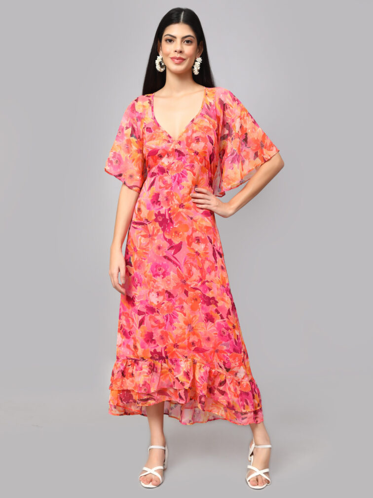 Floral Printed V-Neck Cape Sleeves A-Line Dress