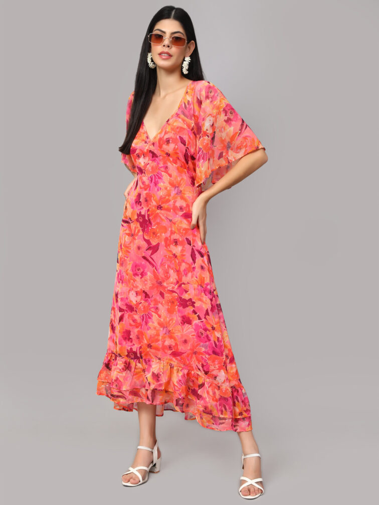 Floral Printed V-Neck Cape Sleeves A-Line Dress