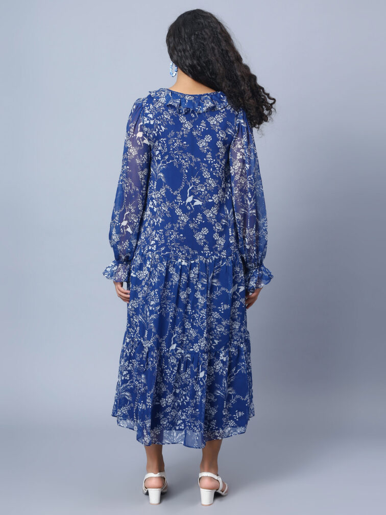TIERED DETAILED TIE-UP NECK PUFF SLEEVE A-LINE PRINTED DRESS
