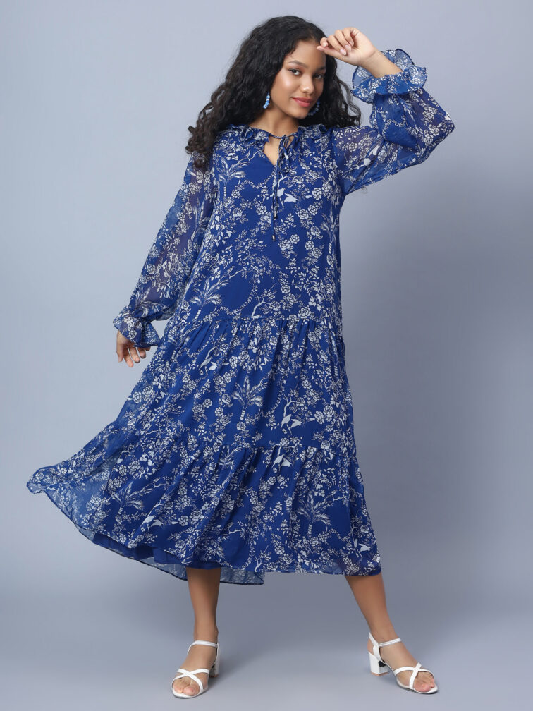 TIERED DETAILED TIE-UP NECK PUFF SLEEVE A-LINE PRINTED DRESS