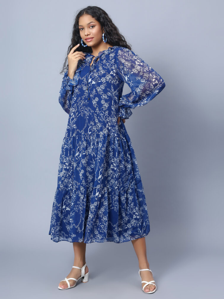 TIERED DETAILED TIE-UP NECK PUFF SLEEVE A-LINE PRINTED DRESS