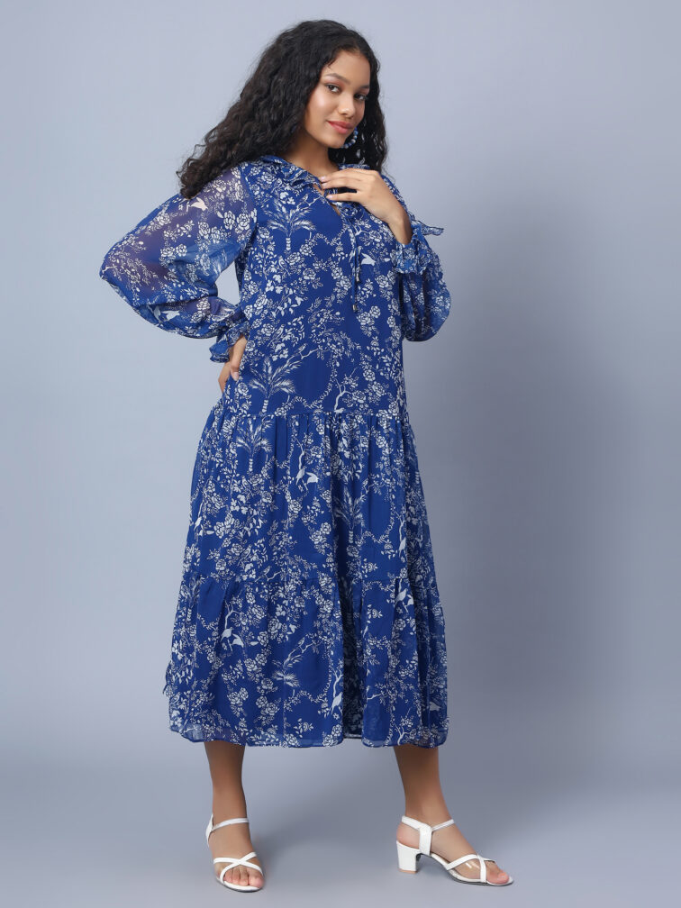 TIERED DETAILED TIE-UP NECK PUFF SLEEVE A-LINE PRINTED DRESS