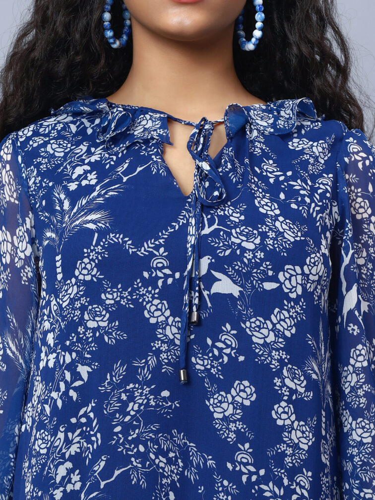 TIERED DETAILED TIE-UP NECK PUFF SLEEVE A-LINE PRINTED DRESS