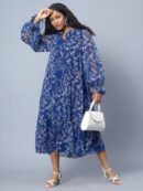 TIERED DETAILED TIE-UP NECK PUFF SLEEVE A-LINE PRINTED DRESS