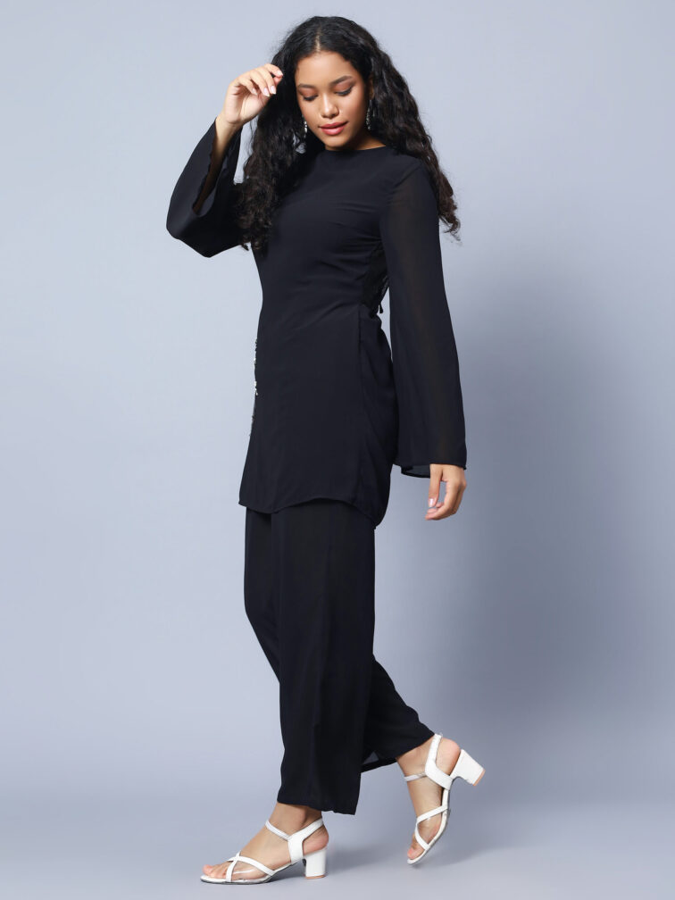 Black Color Georgette Embroidery Top With Trousers Co Ord Set