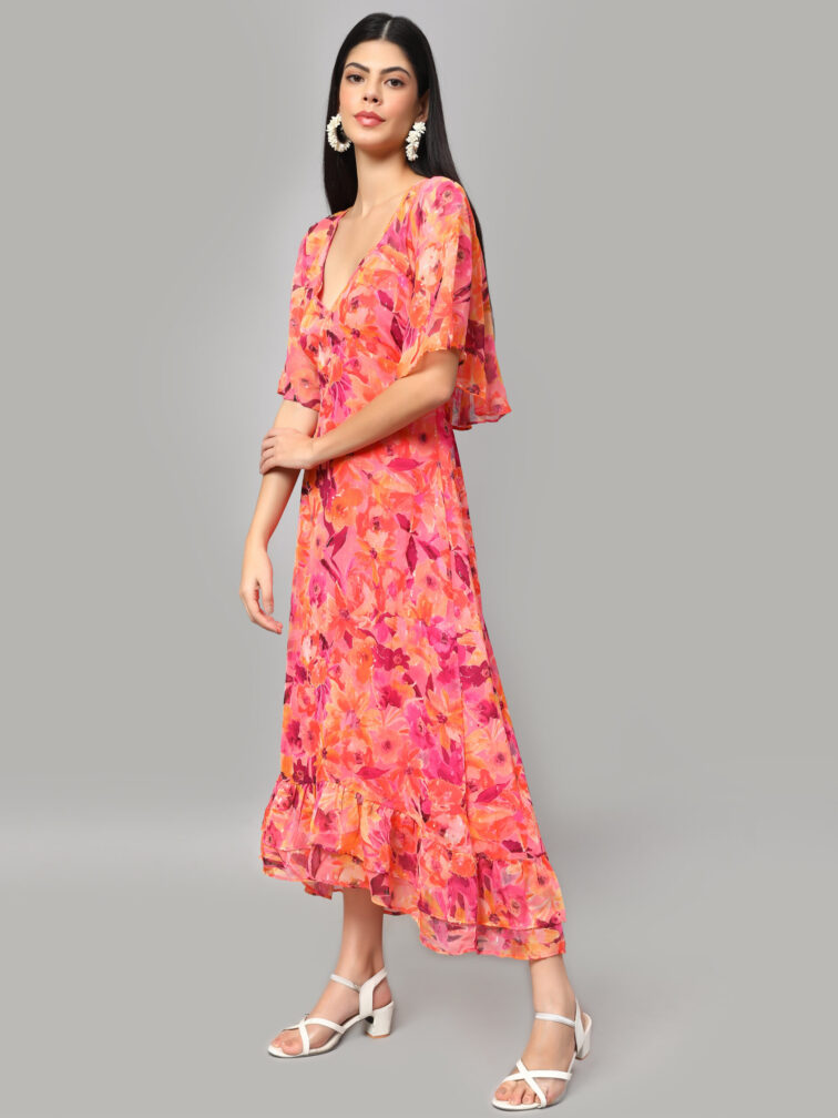 Floral Printed V-Neck Cape Sleeves A-Line Dress
