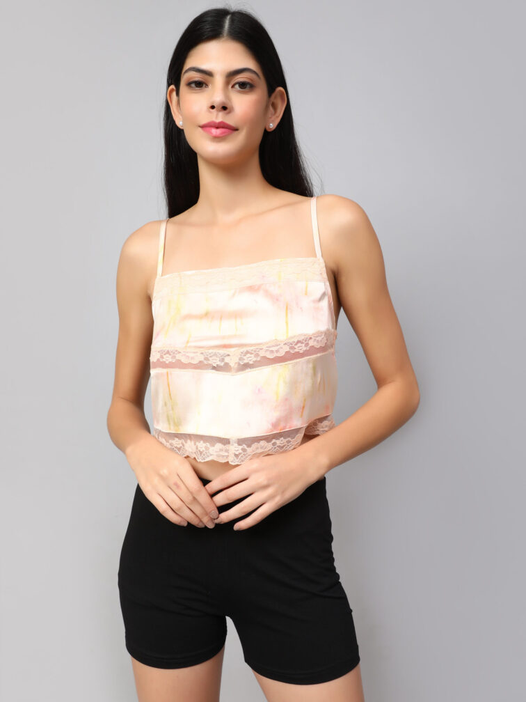 Peach Satin Cami Top With Lace Detailing