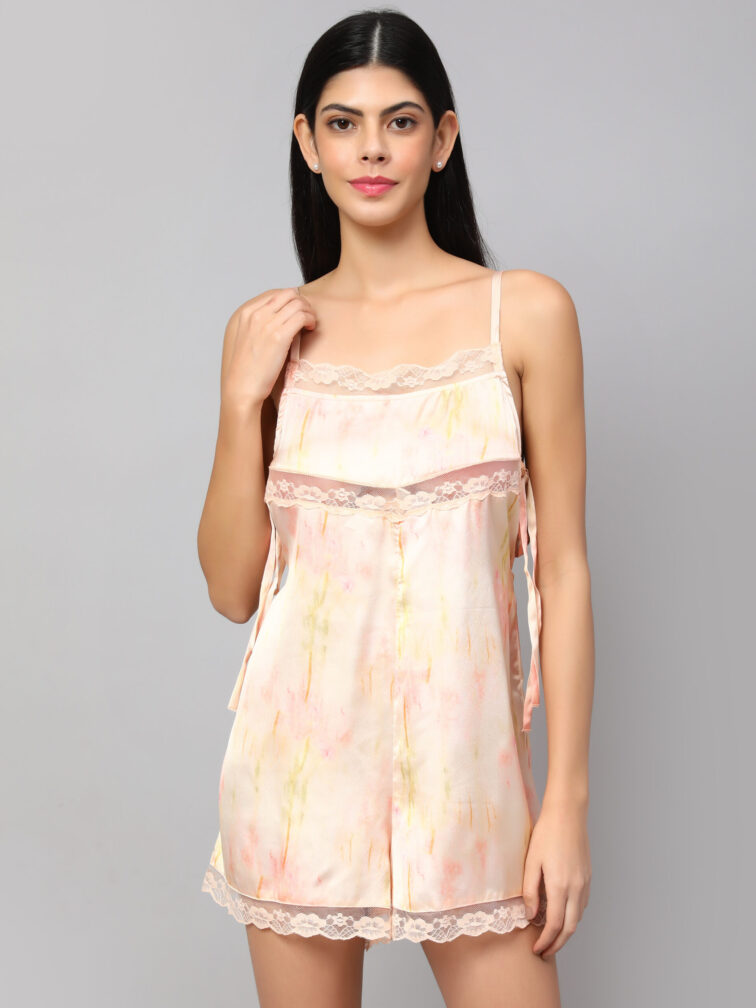 Peach Satin Playsuit With Lace Detailing