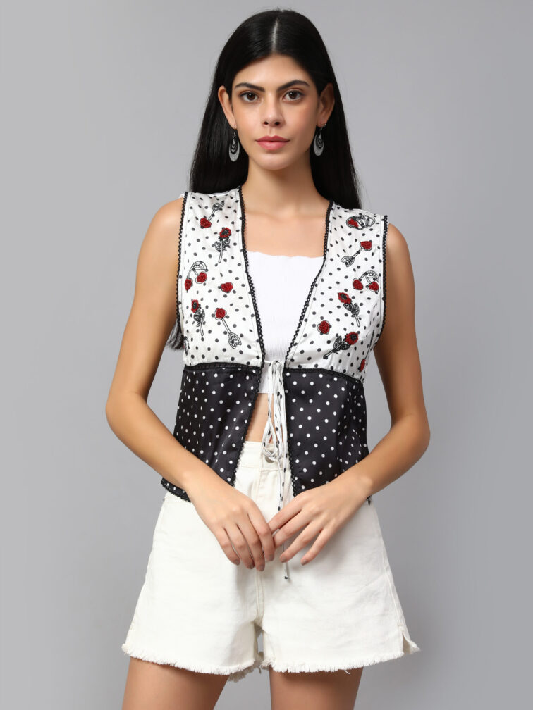 Polka Dot Embroidered Front Open Shrug