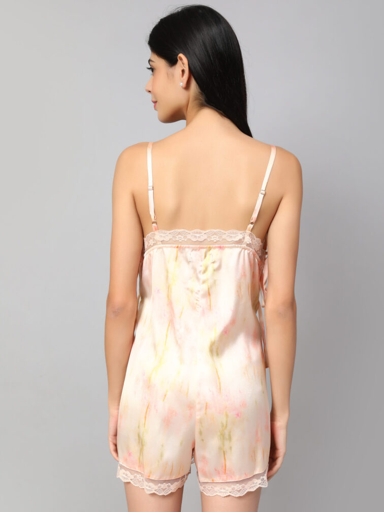 Peach Satin Playsuit With Lace Detailing