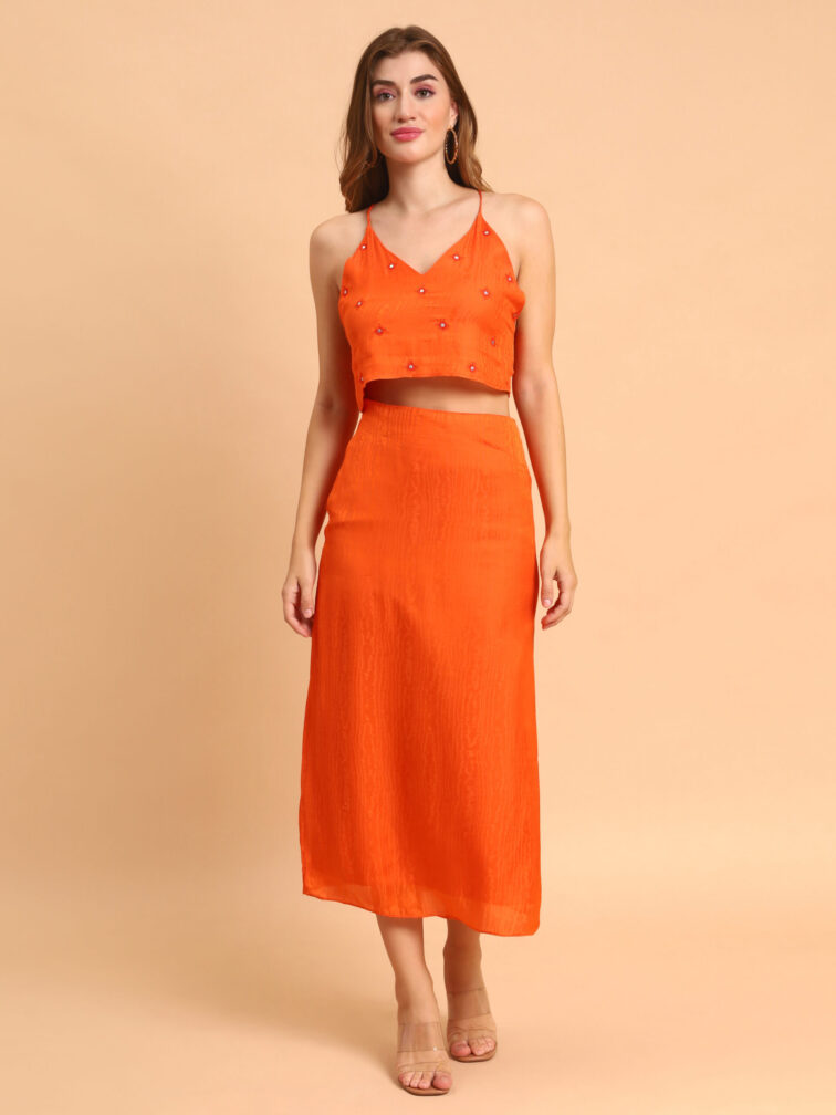 Orange Color Adda Work Crop Top With Skirt Clothing Set