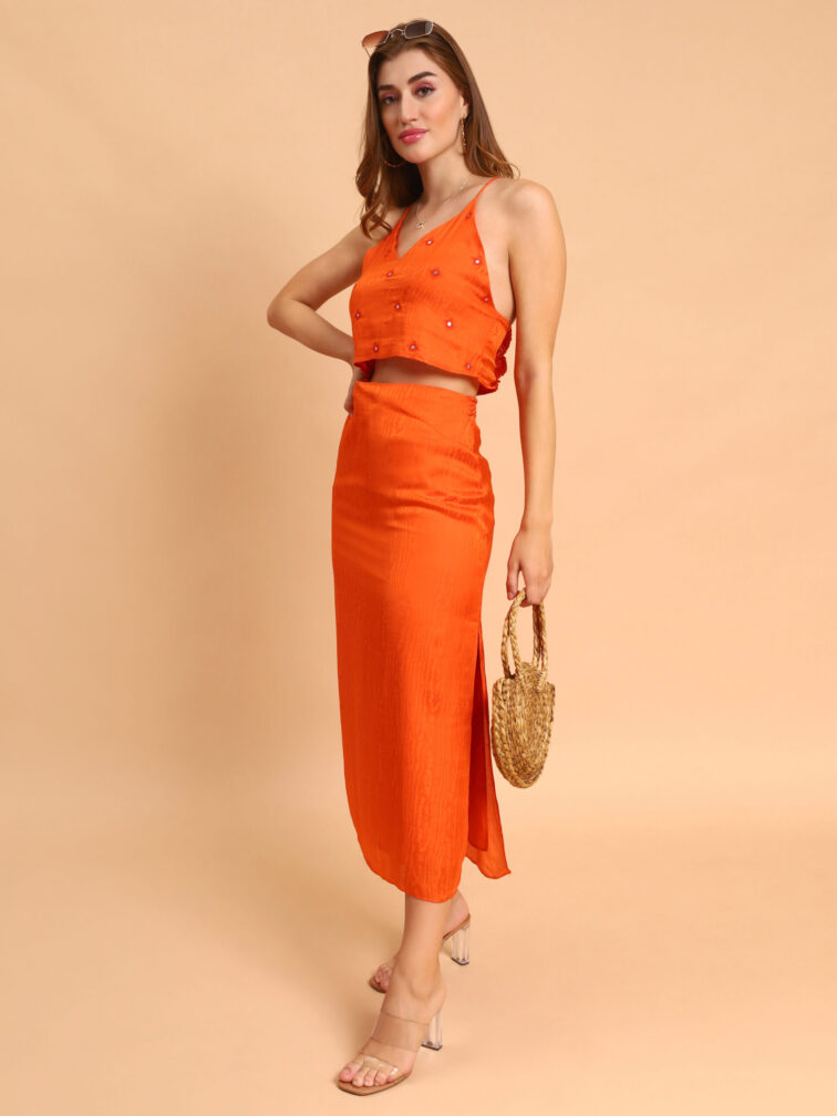 Orange Color Adda Work Crop Top With Skirt Clothing Set