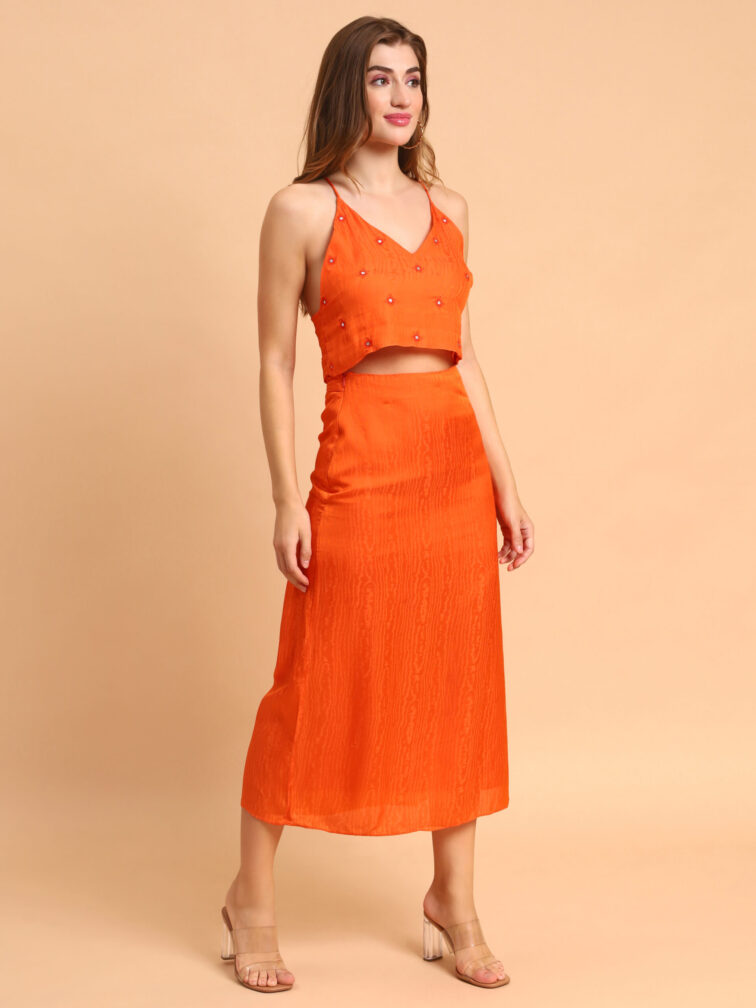 Orange Color Adda Work Crop Top With Skirt Clothing Set