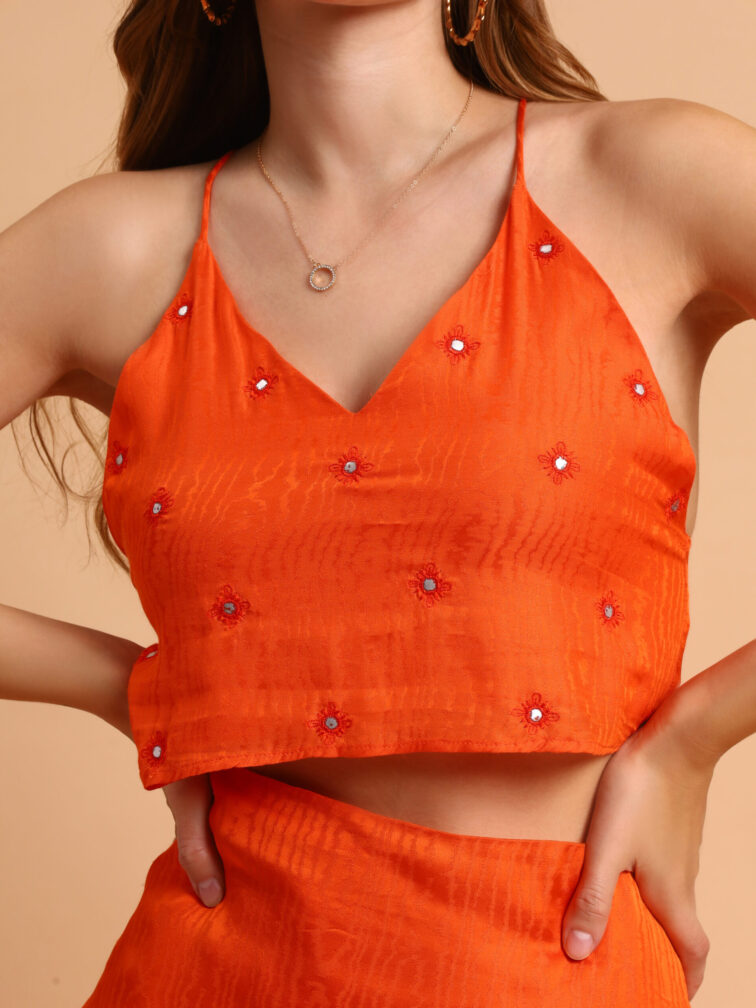Orange Color Adda Work Crop Top With Skirt Clothing Set