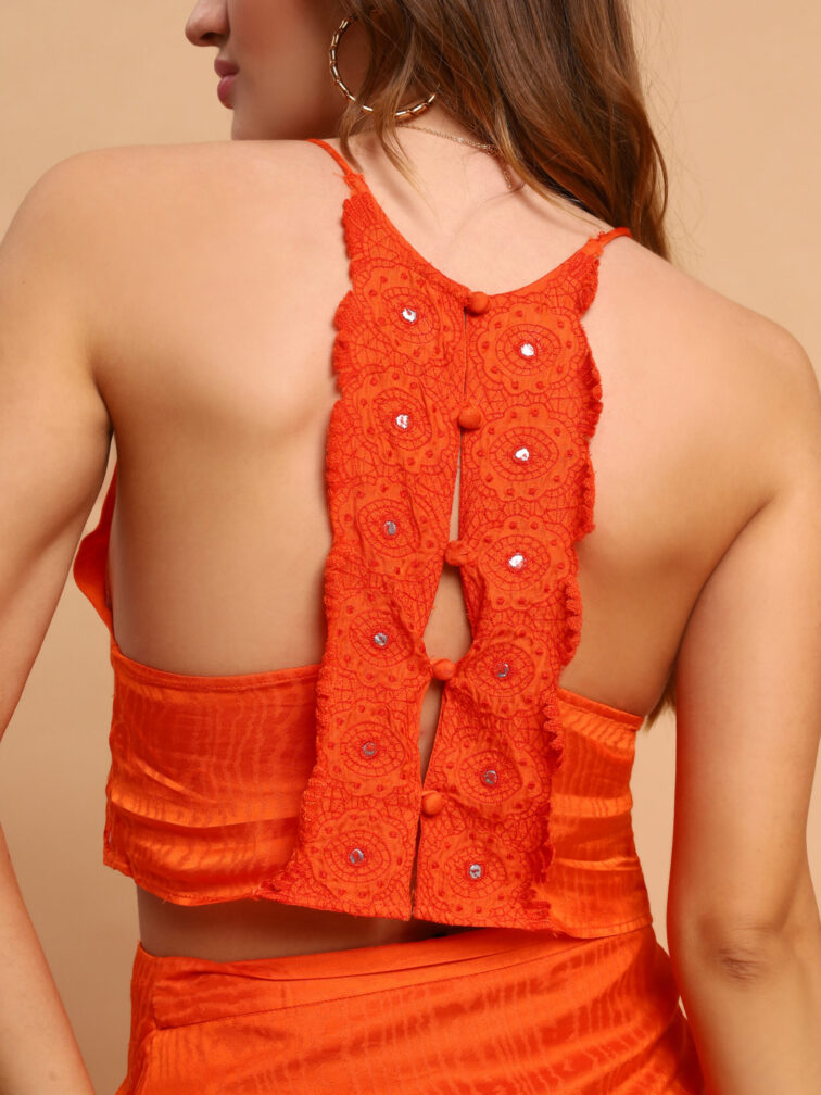 Orange Color Adda Work Crop Top With Skirt Clothing Set