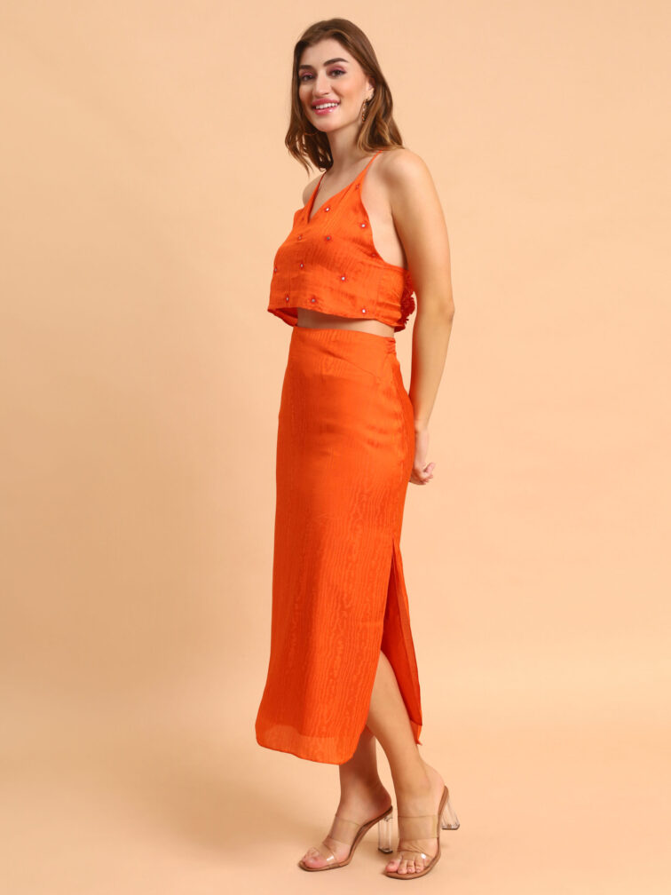 Orange Color Adda Work Crop Top With Skirt Clothing Set