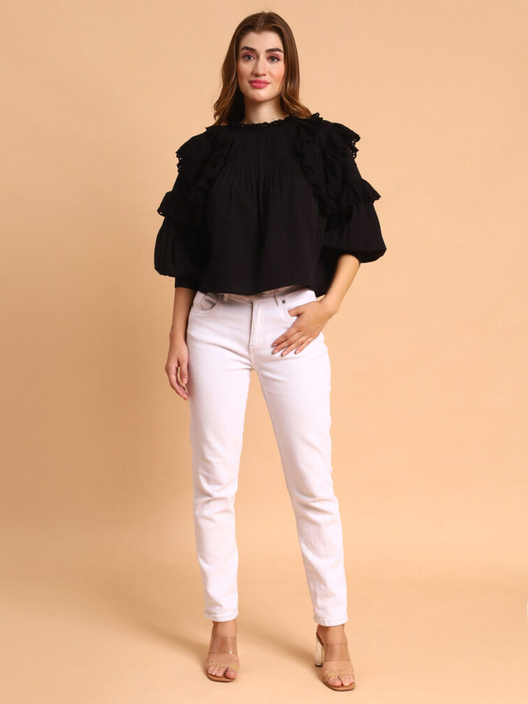 Women Ruffle Black Color Top