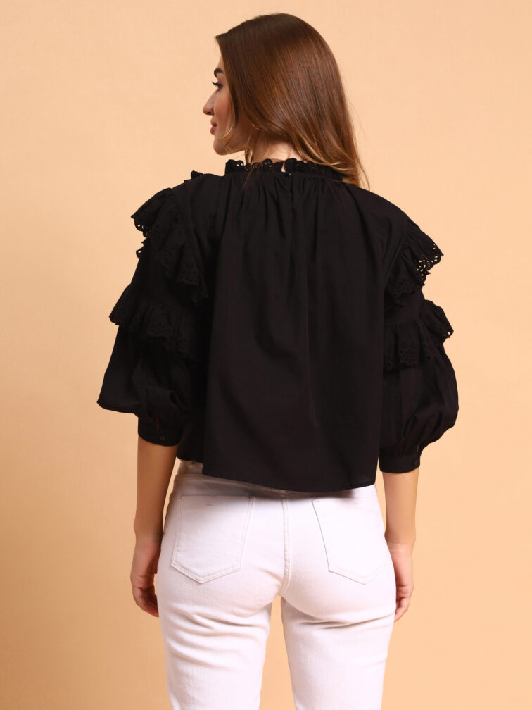 Women Ruffle Black Color Top