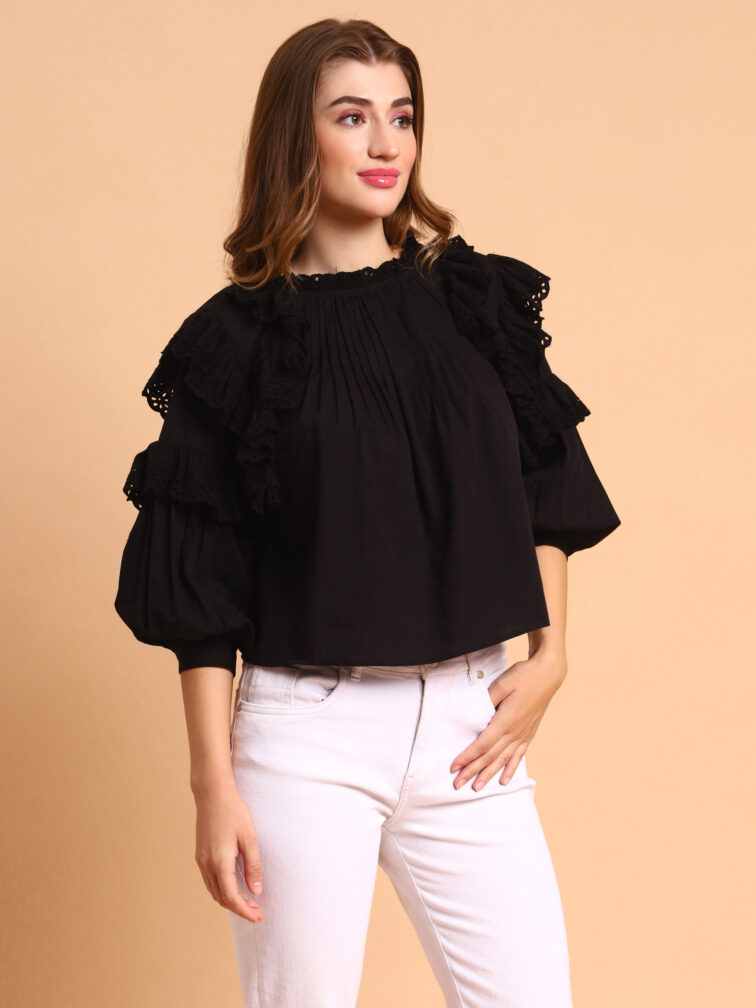 Women Ruffle Black Color Top