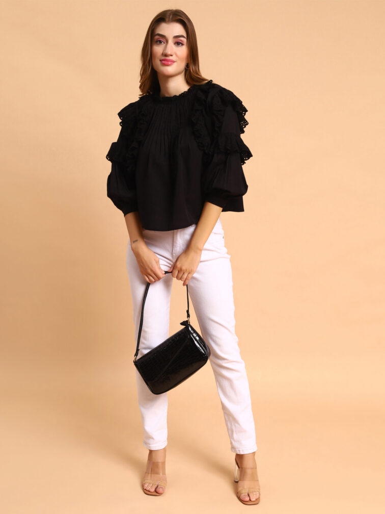 Women Ruffle Black Color Top