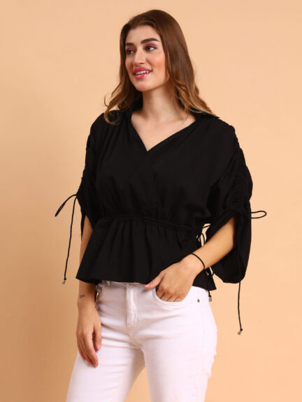 Women Black Color V-Neck Peplum Top
