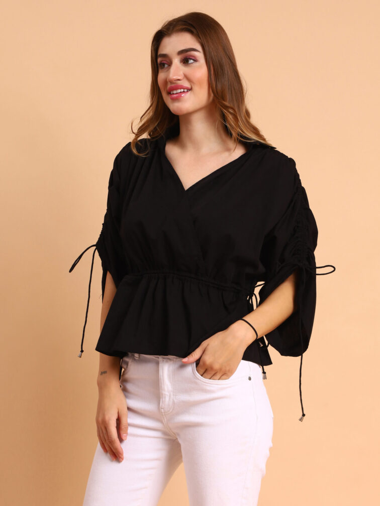 Women Black Color V-Neck Peplum Top