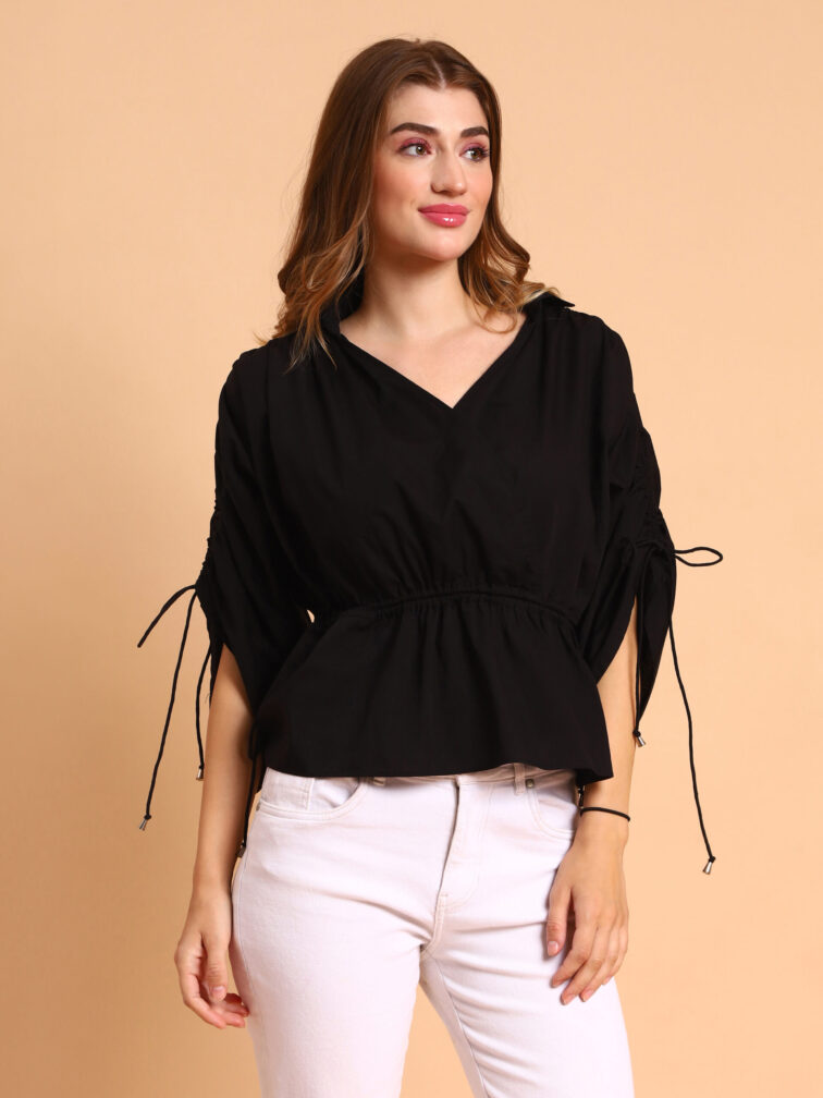Women Black Color V-Neck Peplum Top