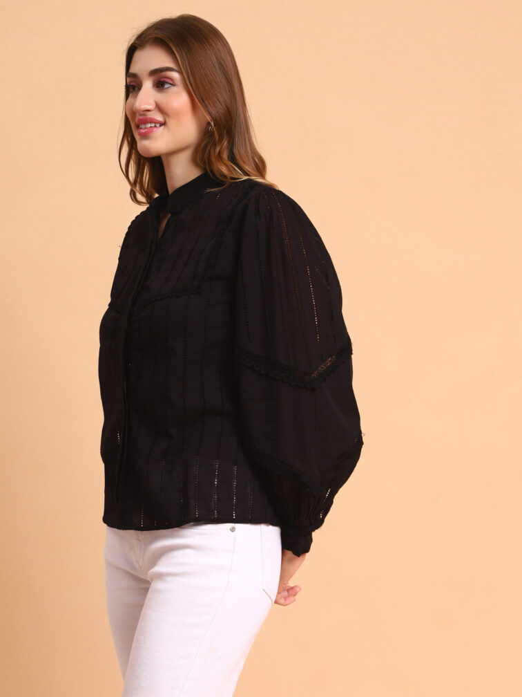 Amagyaa Women's Black Schiffli Shirt Style Top