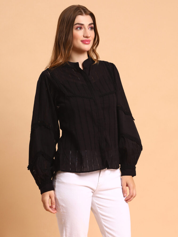 Amagyaa Women's Black Schiffli Shirt Style Top